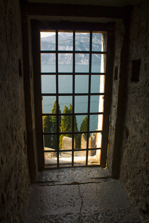 View from the window of the Scaliger's Castle in Malcesine Italyの写真素材