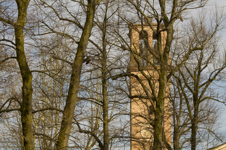 ancient medieval bell tower against the backround of spring treesの写真素材