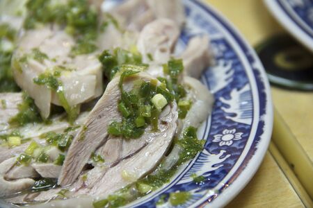 Spring onion steamed chicken,の写真素材