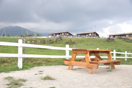 bench at farm sideの写真素材