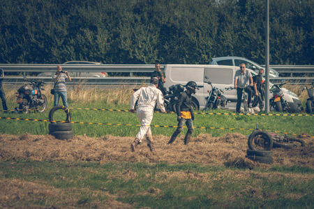 ROTTERDAM, NETHERLANDS - SEPTEMBER 2 2018: Motorcyclists having fun at Dutch dirt track motorcycle event "Rotterdam Dirt Ride"のeditorial素材