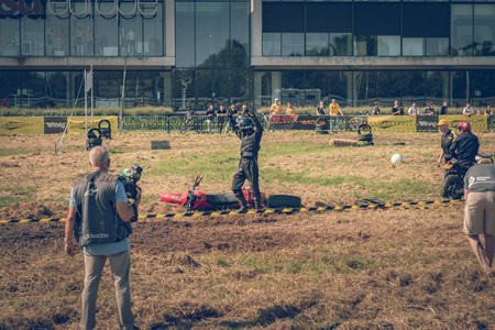 ROTTERDAM, NETHERLANDS - SEPTEMBER 2 2018: Motorcyclists having fun at Dutch dirt track motorcycle event "Rotterdam Dirt Ride"のeditorial素材