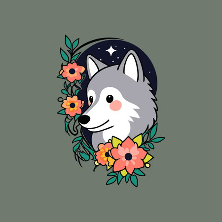 Cute wolf with flowers and moon. Vector illustration in cartoon style.