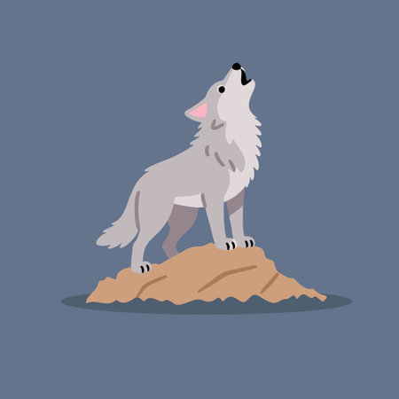 Cute grey wolf standing on the rock. Vector illustration in flat style