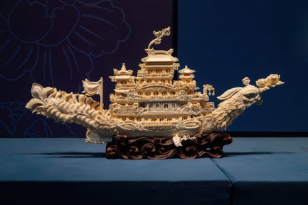 Chinese wooden boat on blue background, closeup