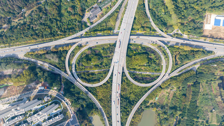 Aerial view of highway road junction in Hong Kong, China.