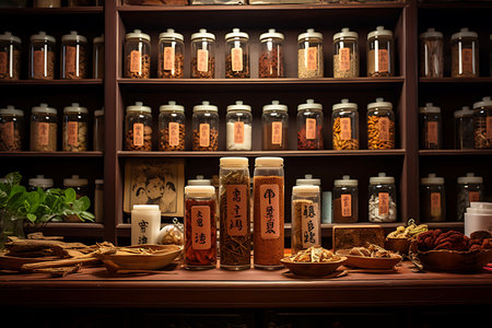 Wooden shelves with various spices and herbs in a spice shop.