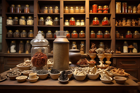Spices and herbs on the shelves in the Chinese medicine shop.