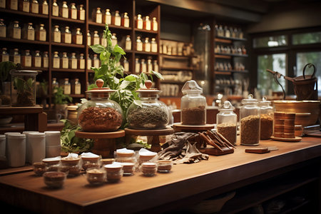 Spices and herbs on a wooden table in a restaurant interior.