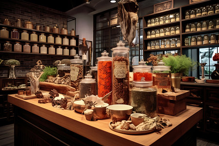 Vintage bar counter with different spices, herbs and dried fruits.
