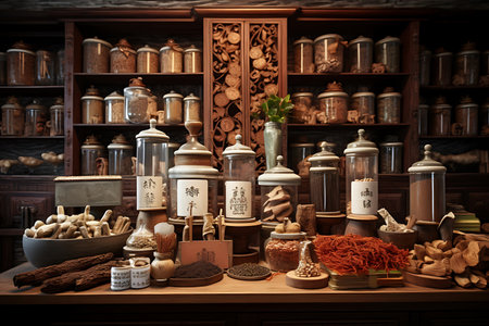 Ancient Chinese medicine in a shop, close-up view of the objects.