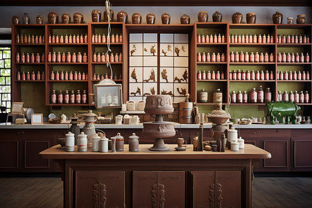 3D rendering of a pottery shop in a traditional style.