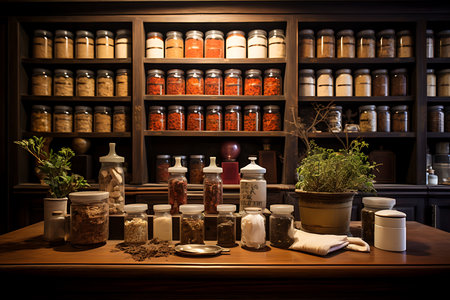 Spices and herbs on a wooden shelf in a pantry.