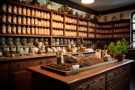 Interior of an old pharmacy with shelves full of medicines and plants