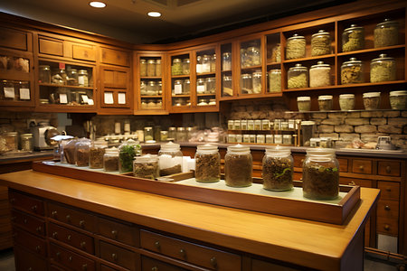 Glass jars with different spices and herbs on the table in a restaurant