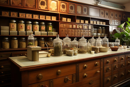 Interior of a restaurant with shelves full of different spices and herbs