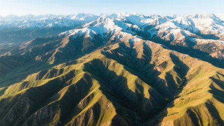 Aerial view of the mountains in Kyrgyzstan. Panoramic view.