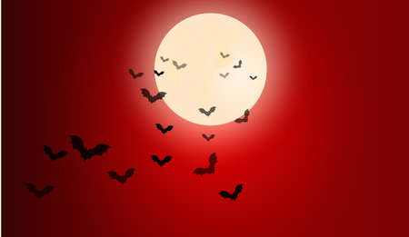 Halloween dark red night sky. Bats fly to the bright moon. Festive gloomy (terrible) atmosphere. Vector. Colored. Halloween background.のイラスト素材