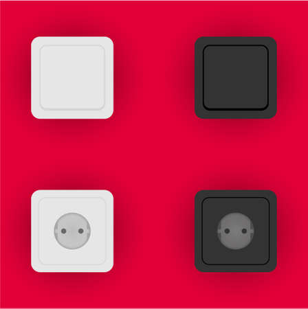 Set of vector sockets and switches of light with shadow on red background. Vector illustrationのイラスト素材