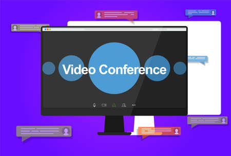 Conference video calls. Illustrations flat design concept video conference. online meeting work form home. Home education, distance learning. Monitor, pop-up messages on the background.のイラスト素材