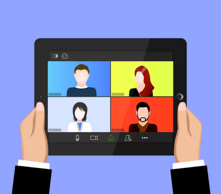 Video conference on the tablet screen. Beautiful avatars for profiles. Illustrations flat design concept video conference. online meeting work form home. Home education, distance learning.のイラスト素材