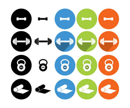 Sports equipment flat icons set for web and mobile. Set of kettlebell and dumbbell weights. Punching bag and boxer. soccer player kicking the ball.のイラスト素材