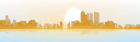 View of the modern daytime city. The brightening light of the sun. Sunrise, dawn. Horizon lines. Vector illustration in a flat style. Beautiful background with lighting.のイラスト素材