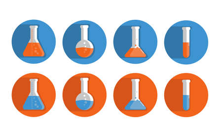 Colored Flasks and Test Tubes on a white background. Vector set icons for web and mobile. Flat design chemistry laboratory experiment, equipment. EPS 10のイラスト素材
