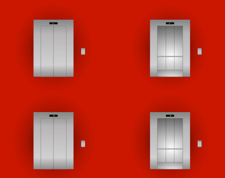 Open and Closed Modern Metal Elevator Doors. Hall Interior in Gray Colors. Vector metal elevator outside and inside on a red wall background.のイラスト素材