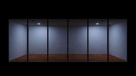 Office room with night light on black background 3d render interiorの写真素材