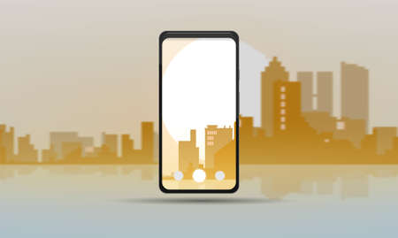 A realistic modern phone takes a photo or captures of a beautiful sunset city against the backdrop of sun. The citys lost background. Realistic reflections and shadows. Vector illustrationのイラスト素材