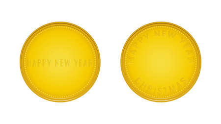 Merry Christmas and Happy New Year. New Years coins with congratulations. Colored. Winter Holidays Symbol. Realistic coins. Vector Illustration EPS 10のイラスト素材
