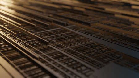 3d rendering metallic illustration background. Digital sketch on colorful wall. Abstract fractal background with various color lines and strips. Microchip, cyber futuristic, data center.の写真素材