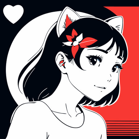 Girl with a cat ears and a bow in her hair, in a black and red background with a heart, anime art style, a character portrait, altermodern. Cartoon avatar.の素材