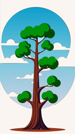 Tree with a sky background and clouds in the background, blue sky and clouds, colorful flat surreal design, environmental artのイラスト素材