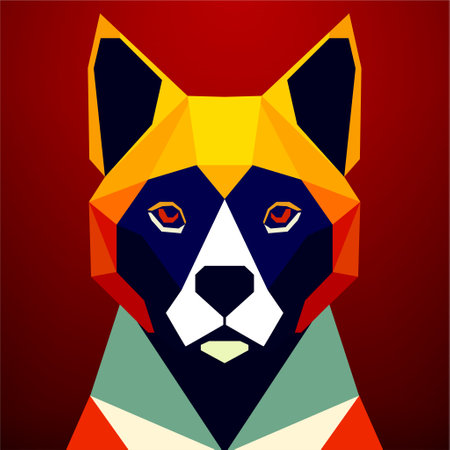 Dog with a red eyes on a red background, colorful flat surreal design. Vector art, sots art, low poly, cubo-futurism, sticker, cartoon avatar, animal logo, surreal designのイラスト素材