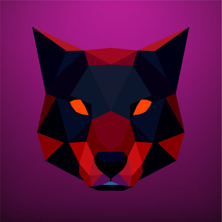 Low poly animal head with orange eyes on a purple background and a black and red geometric design. Vector art, sots art, low poly, cubo-futurism, sticker, cartoon avatar, animal logo, surreal designのイラスト素材