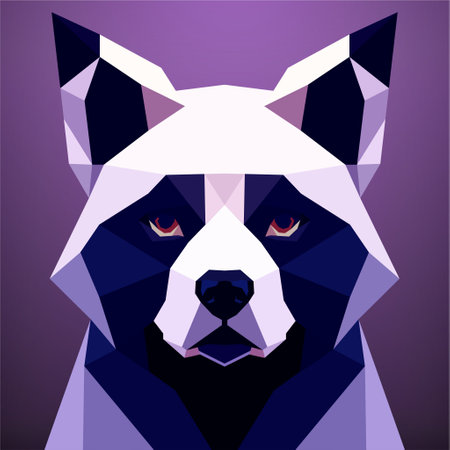 Stylized picture of a black and white dog with a purple background and a black nose. Vector art, sots art, low poly, cubo-futurism, sticker, cartoon avatar, animal logo, surreal designのイラスト素材