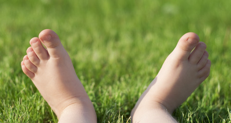 Child's barefeet on green grass in parkの写真素材