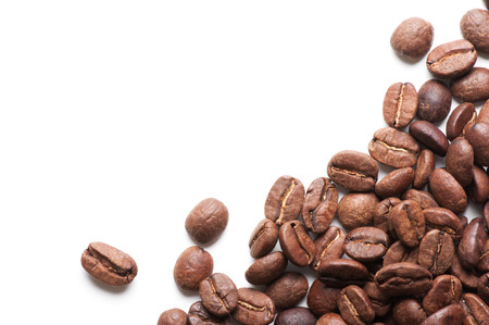 corner decoration of coffee beans on white background with spase for some textの写真素材