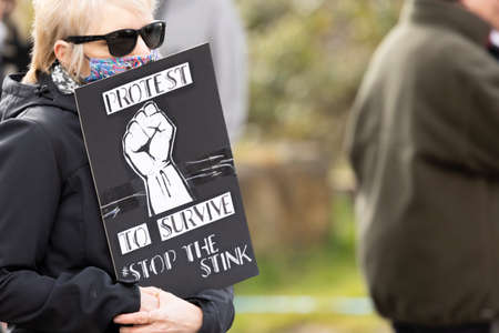 protesters demonstrating outside of walleys quarry waste landfill site Silverdale Newcastle under Lyme Staffordshire "stop the stink" campaignのeditorial素材