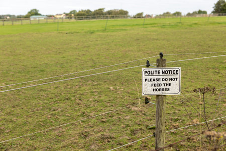 Sign on a farm gate saying Polite notice please do not feed the horses.の写真素材