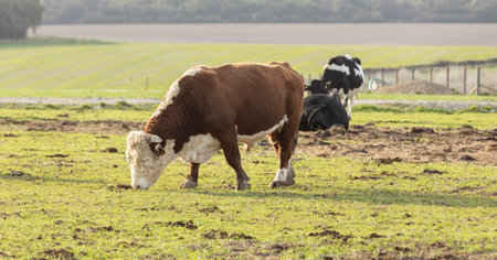 brown and white powerfull Hereford bull feeding in it's paddockの写真素材