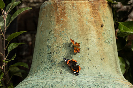 antique brass bell hanging in a Victotrian walled garden, two butterflies sunning , garden concept