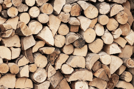 A supply of split and dried hardwood logs stacked up and ready for a cold winterの写真素材