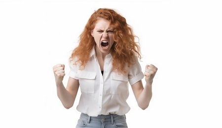 Angry woman screaming with rage, furious and dangerous, copy space,  Created using generative AI tools.の素材
