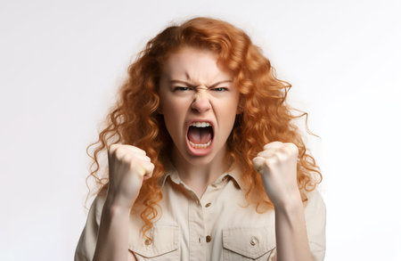 Angry woman screaming with rage, furious and dangerous, copy space,  Created using generative AI tools.の素材