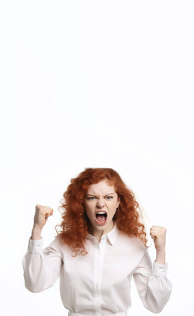 Angry woman screaming with rage, furious and dangerous, copy space,  Created using generative AI tools.の素材