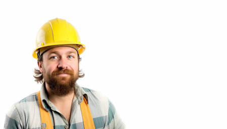 Portrait of happy young foreman with yellow hard hat,  Created using generative AI tools.の素材