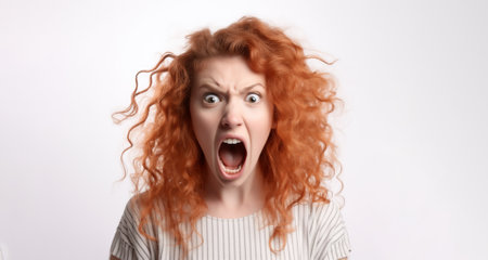 Angry woman screaming with rage, furious and dangerous, copy space,  Created using generative AI tools.の素材